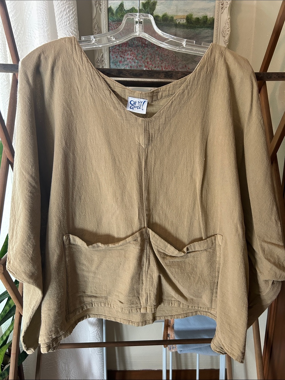 Oh My Gauze! Tan Relaxed Pocket Top one size in cashew